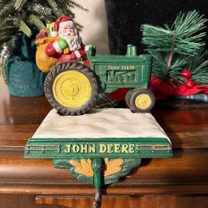 Vintage John Deere Santa on Tractor cast iron mantle stocking holder